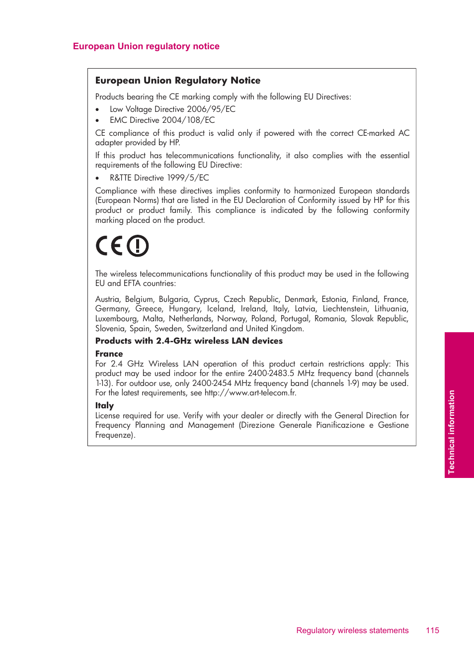 European union regulatory notice | HP Photosmart C4780 User Manual | Page 117 / 120