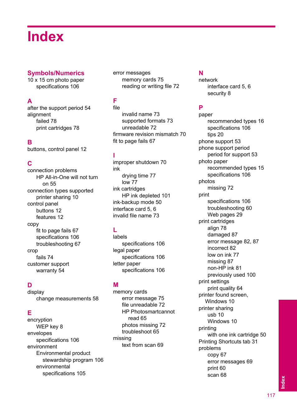 Index | HP Photosmart C4780 User Manual | Page 119 / 120
