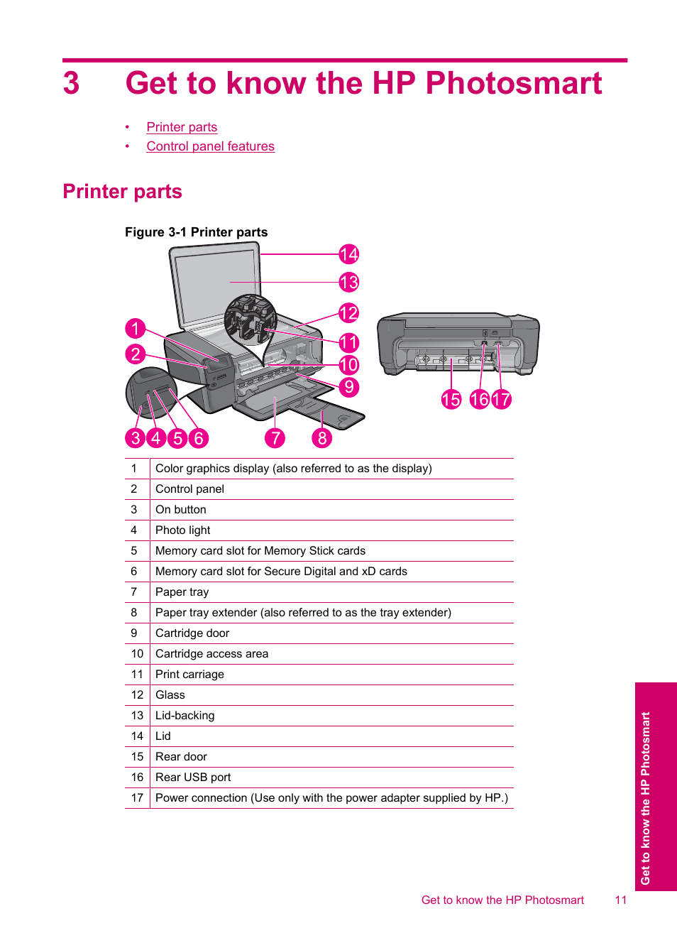 Get to know the hp photosmart, Printer parts, 3 get to know the hp photosmart | 3get to know the hp photosmart | HP Photosmart C4780 User Manual | Page 13 / 120