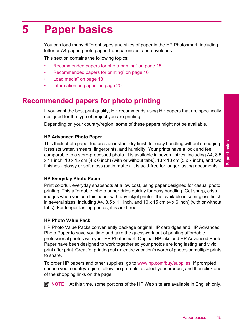 5paper basics, Recommended papers for photo printing | HP Photosmart C4780 User Manual | Page 17 / 120