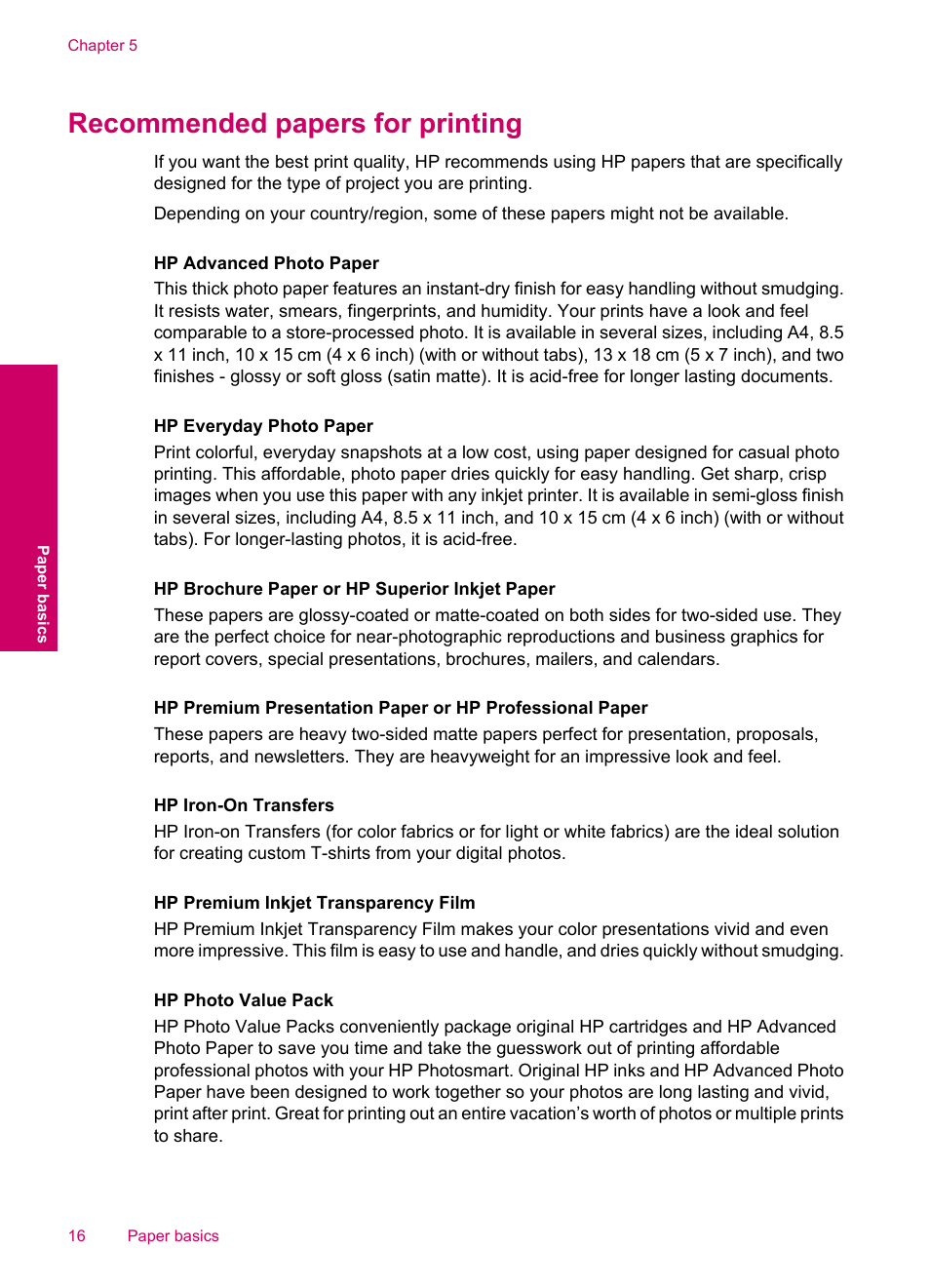 Recommended papers for printing | HP Photosmart C4780 User Manual | Page 18 / 120