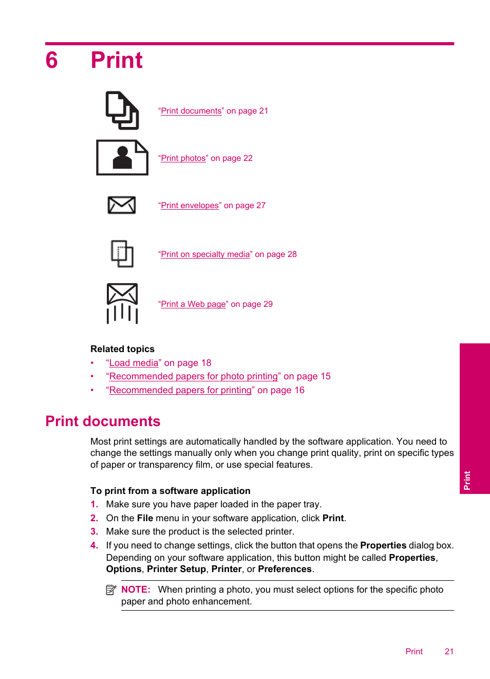 Print, Print documents, 6 print | 6print | HP Photosmart C4780 User Manual | Page 23 / 120