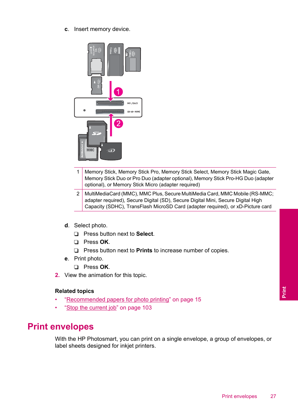 Print envelopes | HP Photosmart C4780 User Manual | Page 29 / 120