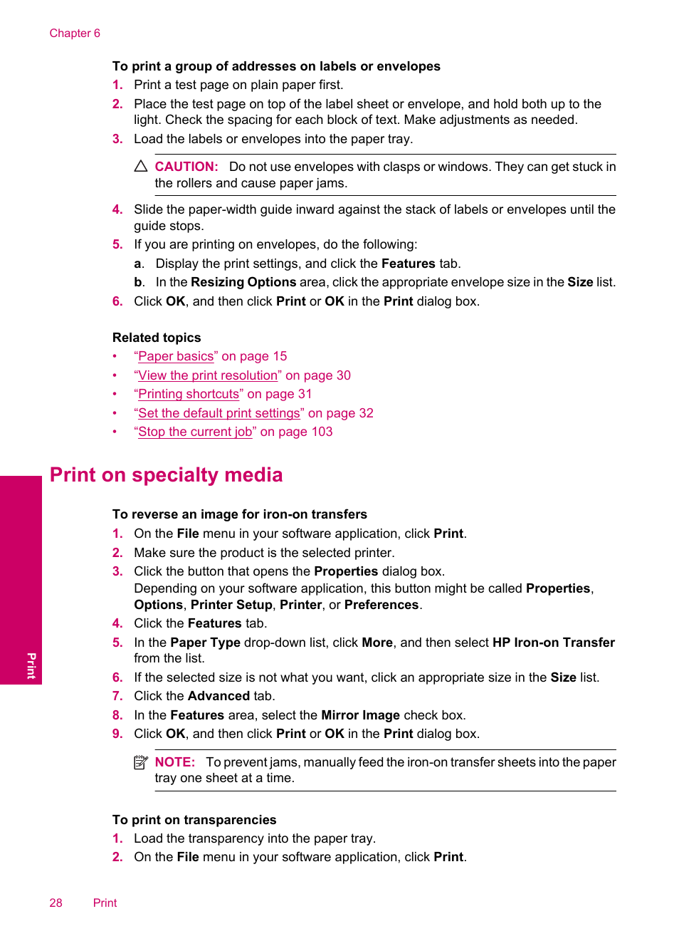 Print on specialty media | HP Photosmart C4780 User Manual | Page 30 / 120