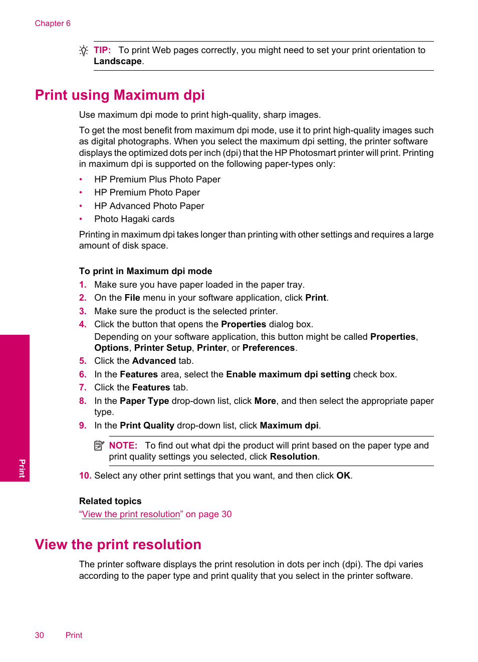 Print using maximum dpi, View the print resolution | HP Photosmart C4780 User Manual | Page 32 / 120