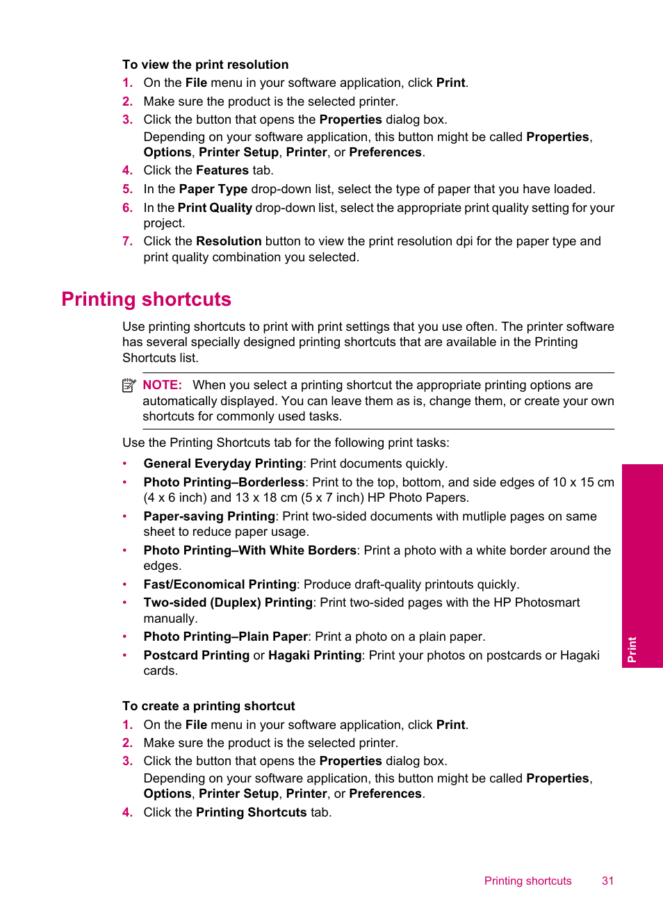 Printing shortcuts | HP Photosmart C4780 User Manual | Page 33 / 120