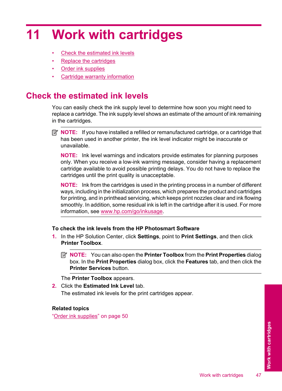 Work with cartridges, Check the estimated ink levels, 11 work with cartridges | HP Photosmart C4780 User Manual | Page 49 / 120