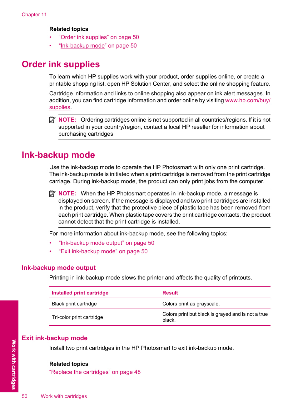 Order ink supplies, Ink-backup mode | HP Photosmart C4780 User Manual | Page 52 / 120