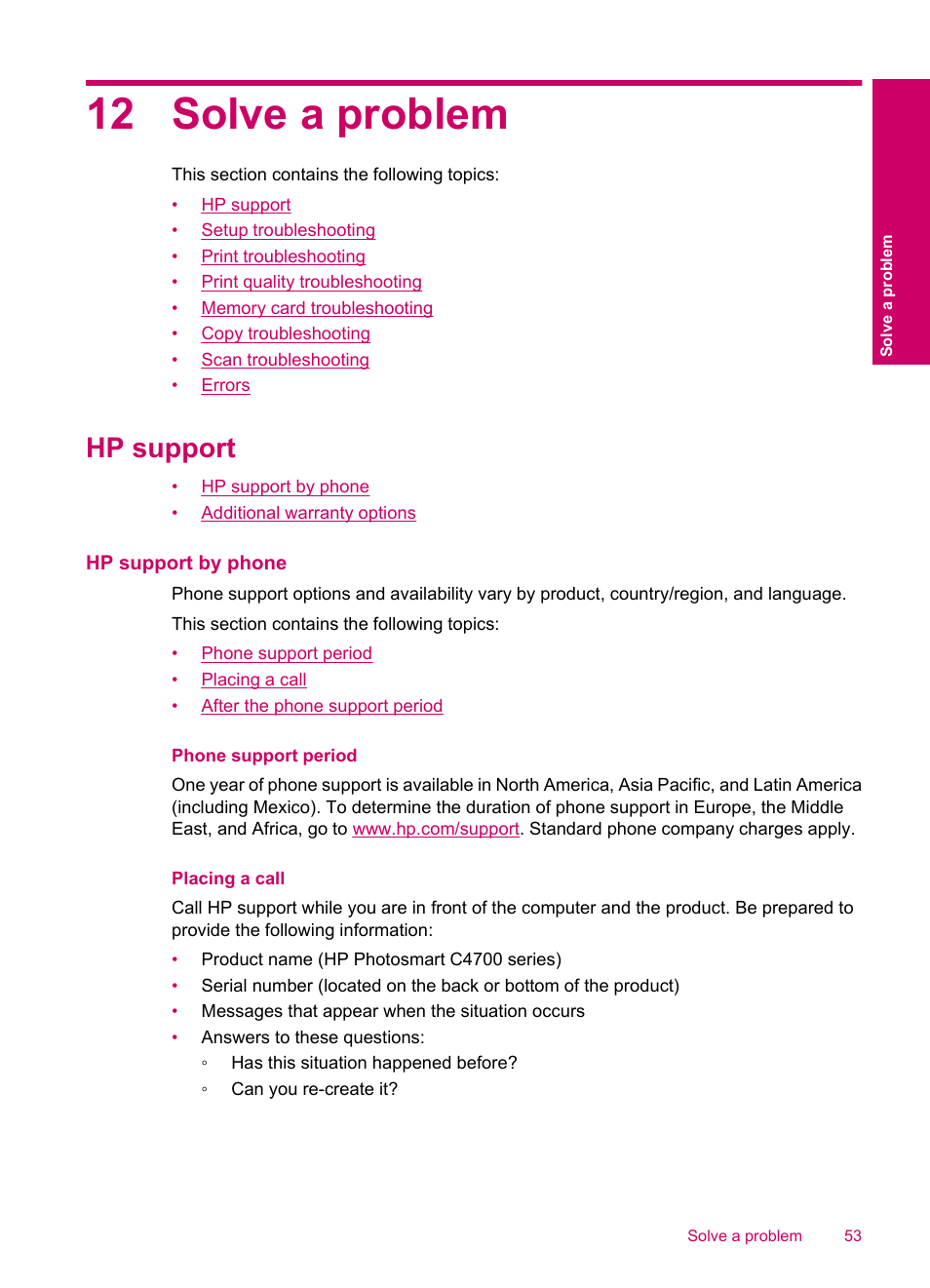 Solve a problem, Hp support, Hp support by phone | Phone support period, Placing a call, 12 solve a problem | HP Photosmart C4780 User Manual | Page 55 / 120