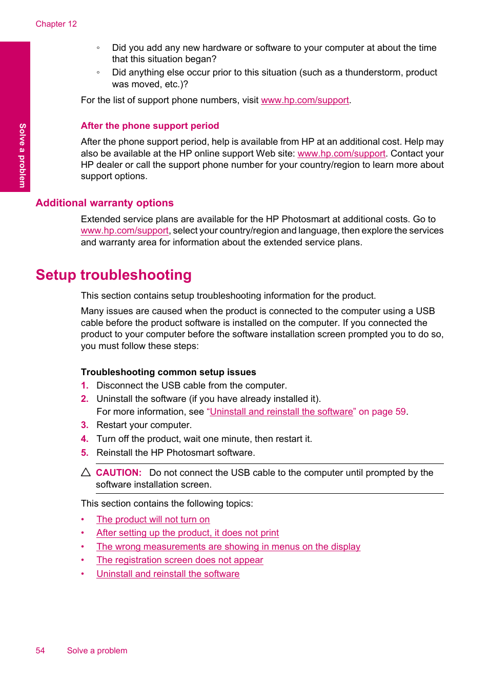 After the phone support period, Additional warranty options, Setup troubleshooting | HP Photosmart C4780 User Manual | Page 56 / 120