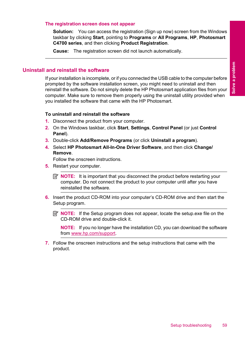 Uninstall and reinstall the software, The registration screen does not appear | HP Photosmart C4780 User Manual | Page 61 / 120