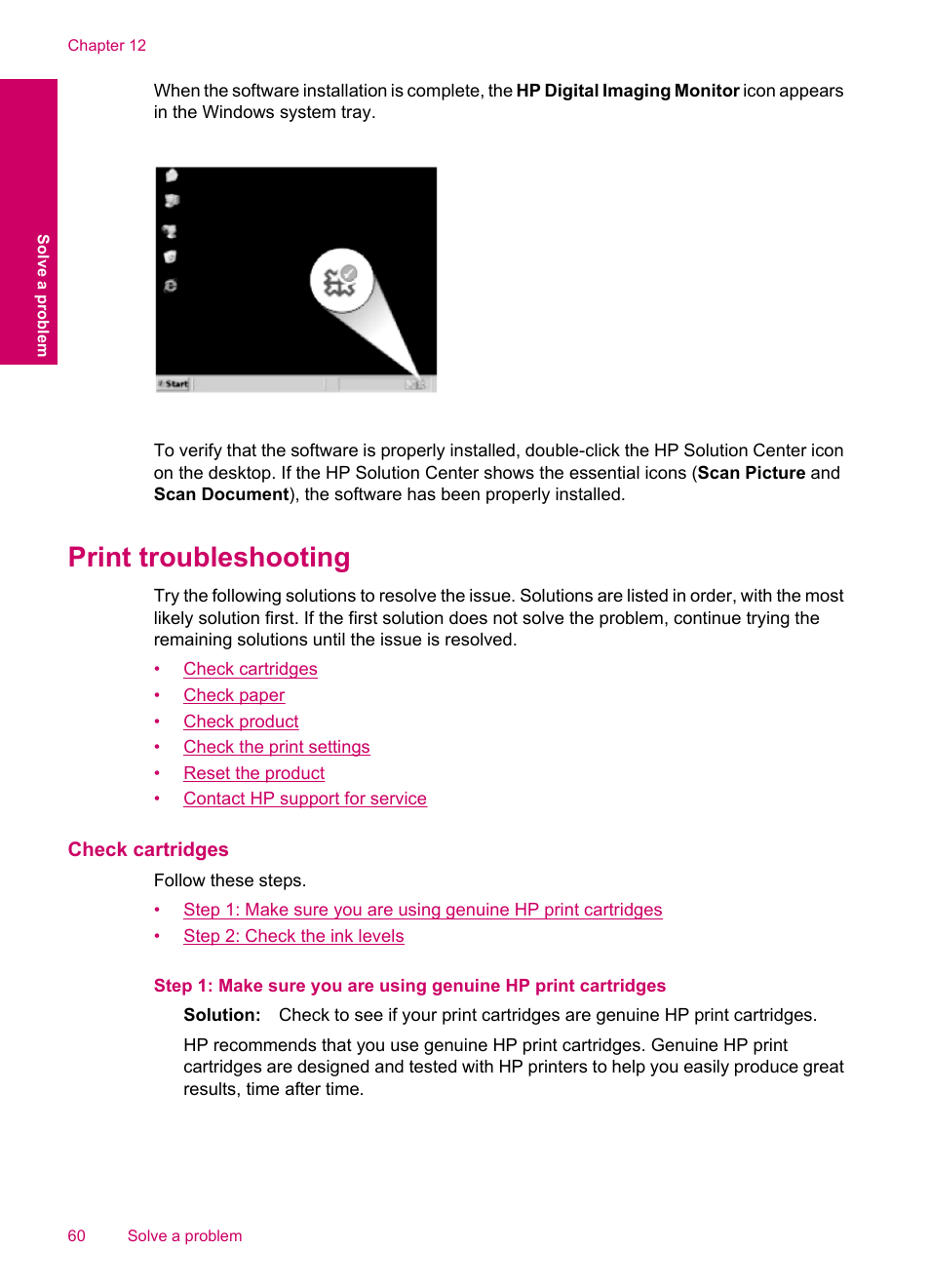 Print troubleshooting, Check cartridges | HP Photosmart C4780 User Manual | Page 62 / 120