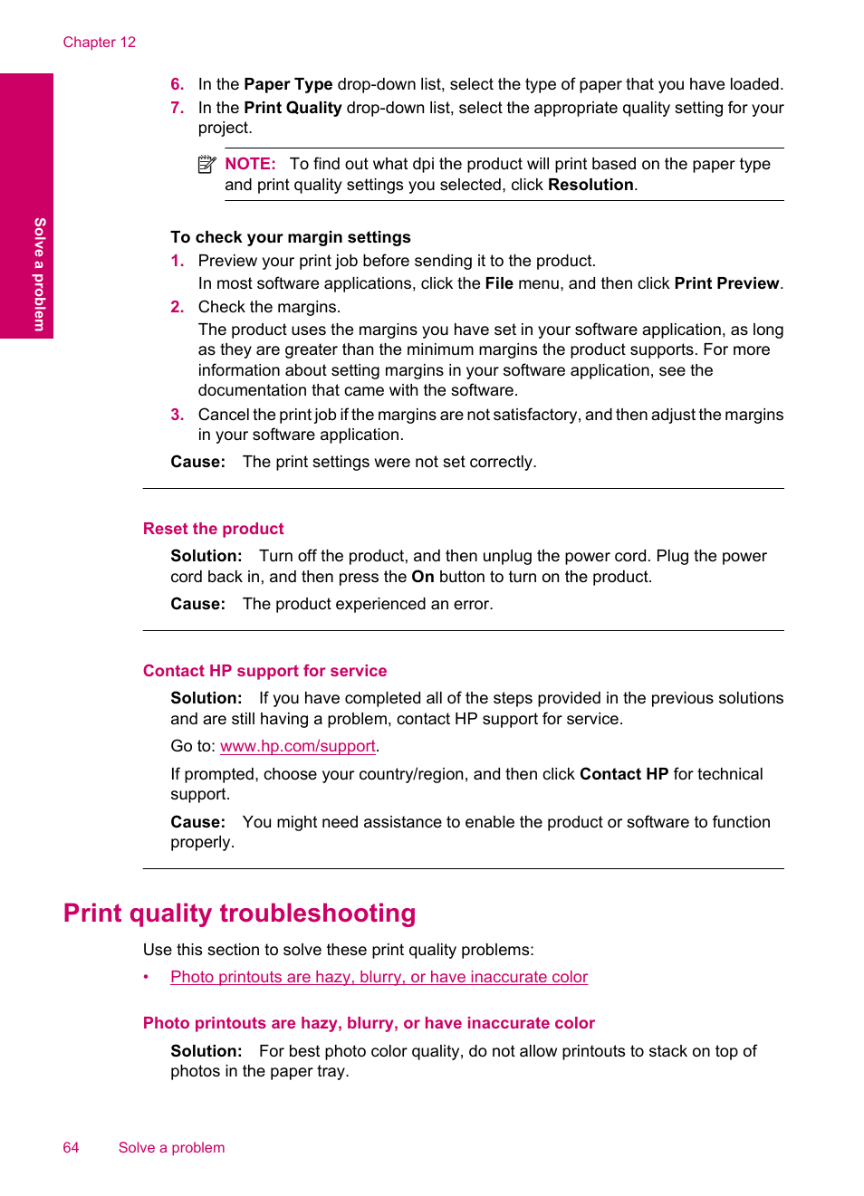 Print quality troubleshooting, Reset the product, Contact hp support for service | HP Photosmart C4780 User Manual | Page 66 / 120