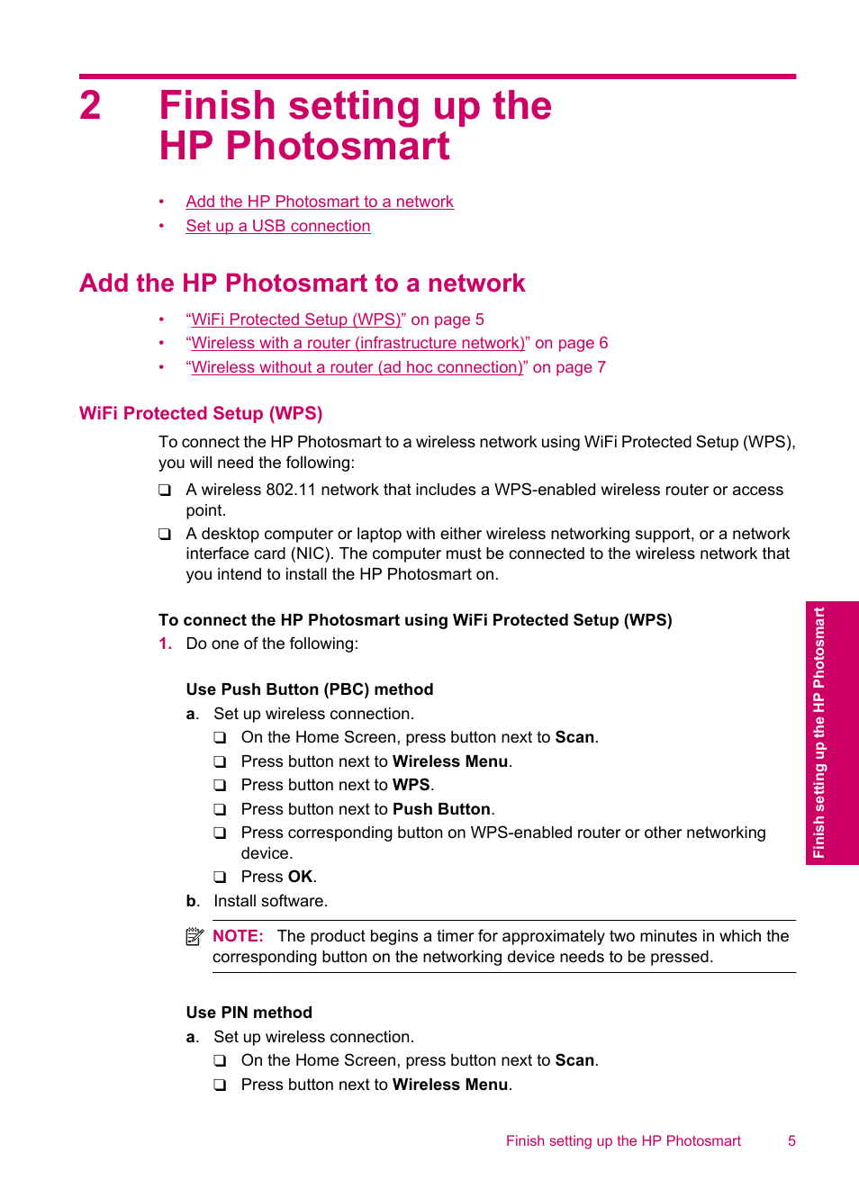 Finish setting up the hp photosmart, Add the hp photosmart to a network, 2 finish setting up the hp photosmart | 2finish setting up the hp photosmart | HP Photosmart C4780 User Manual | Page 7 / 120