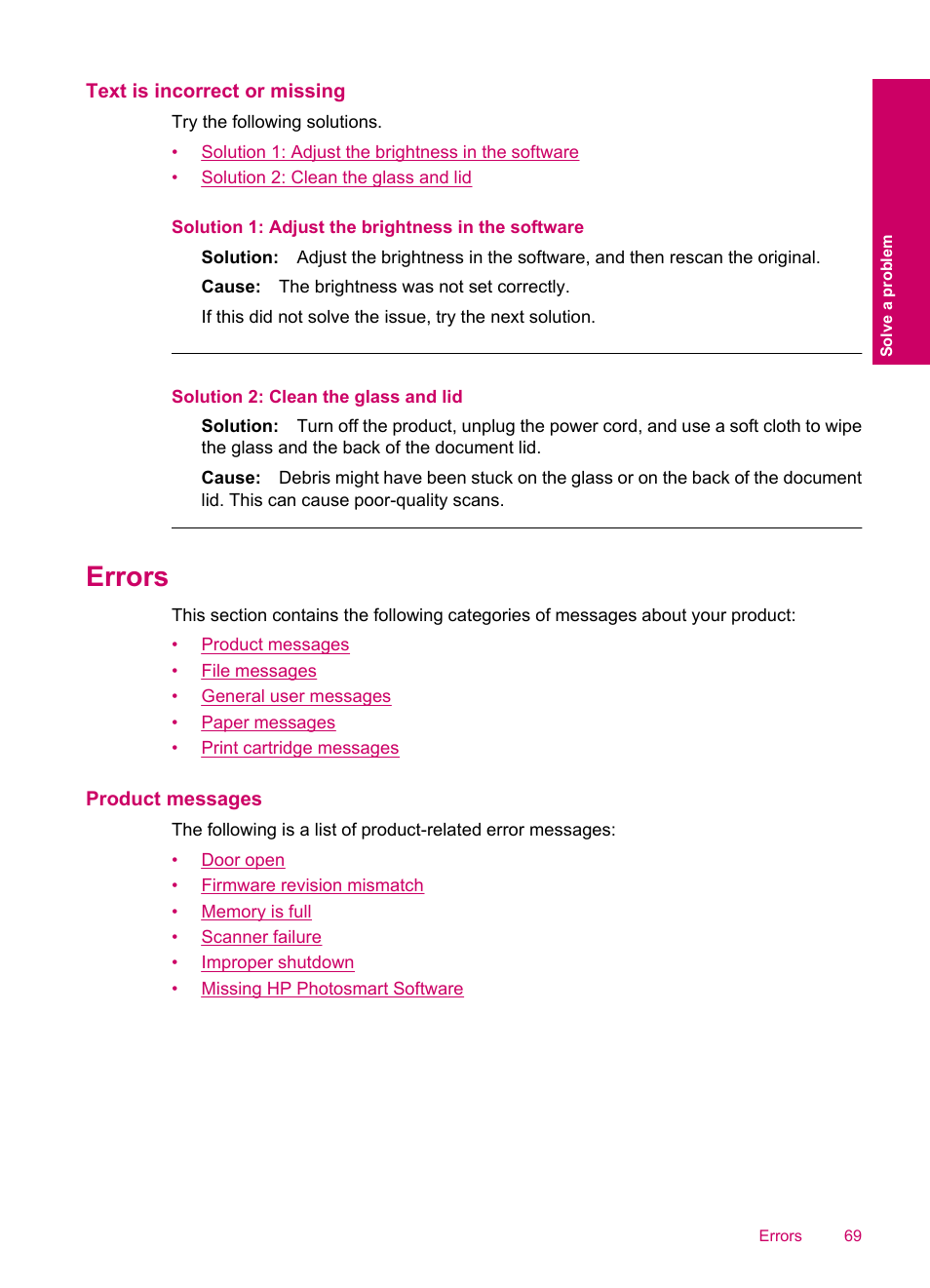 Text is incorrect or missing, Errors, Product messages | HP Photosmart C4780 User Manual | Page 71 / 120