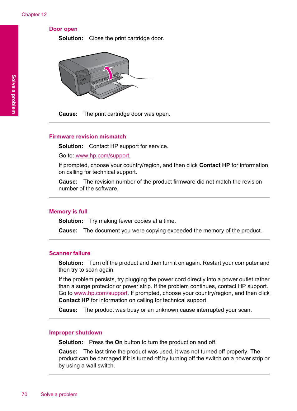 Door open, Firmware revision mismatch, Memory is full | Scanner failure, Improper shutdown | HP Photosmart C4780 User Manual | Page 72 / 120