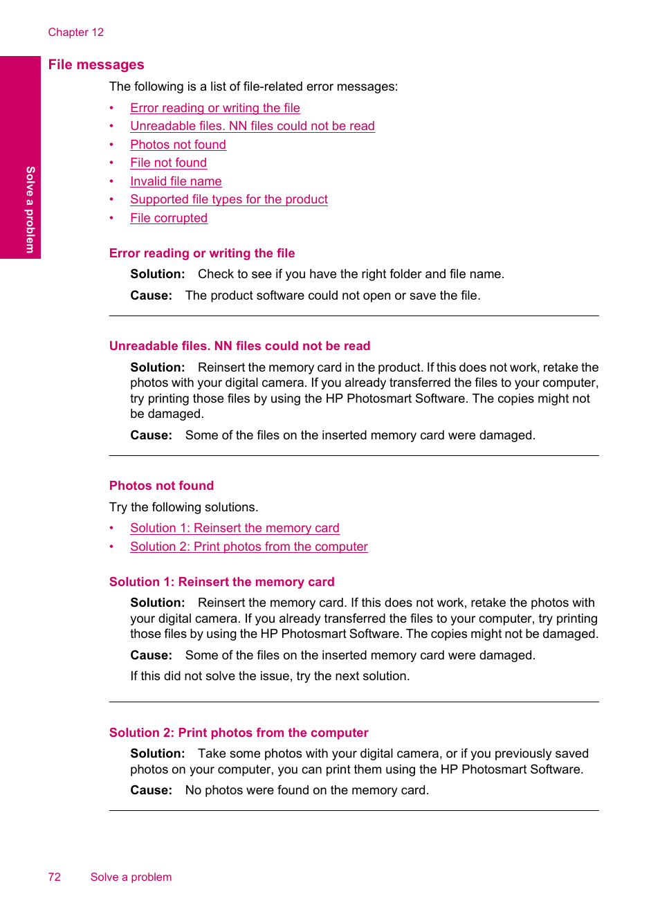 File messages, Photos not found | HP Photosmart C4780 User Manual | Page 74 / 120