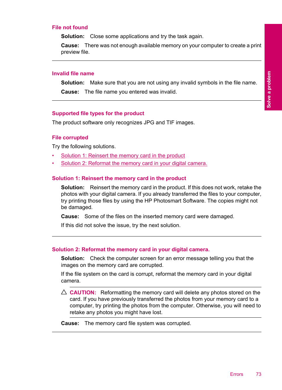 Supported file types for the product, File corrupted, File not found | Invalid file name | HP Photosmart C4780 User Manual | Page 75 / 120