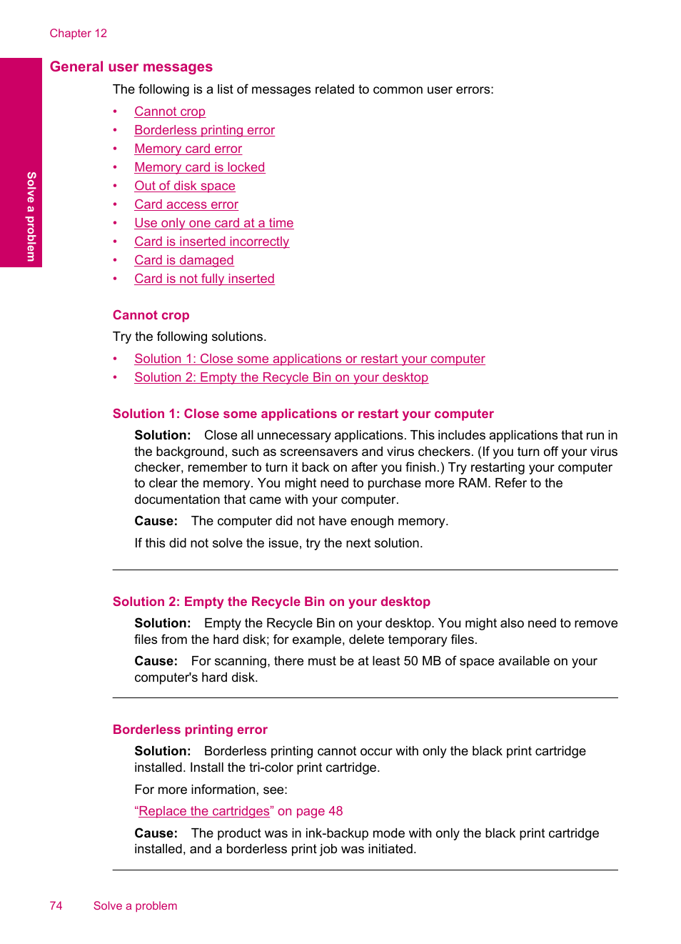 General user messages, Cannot crop | HP Photosmart C4780 User Manual | Page 76 / 120