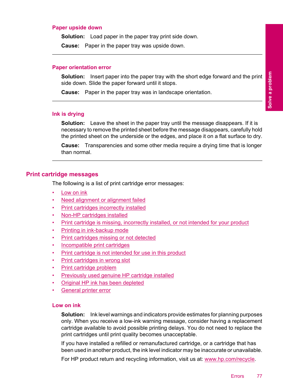 Print cartridge messages | HP Photosmart C4780 User Manual | Page 79 / 120