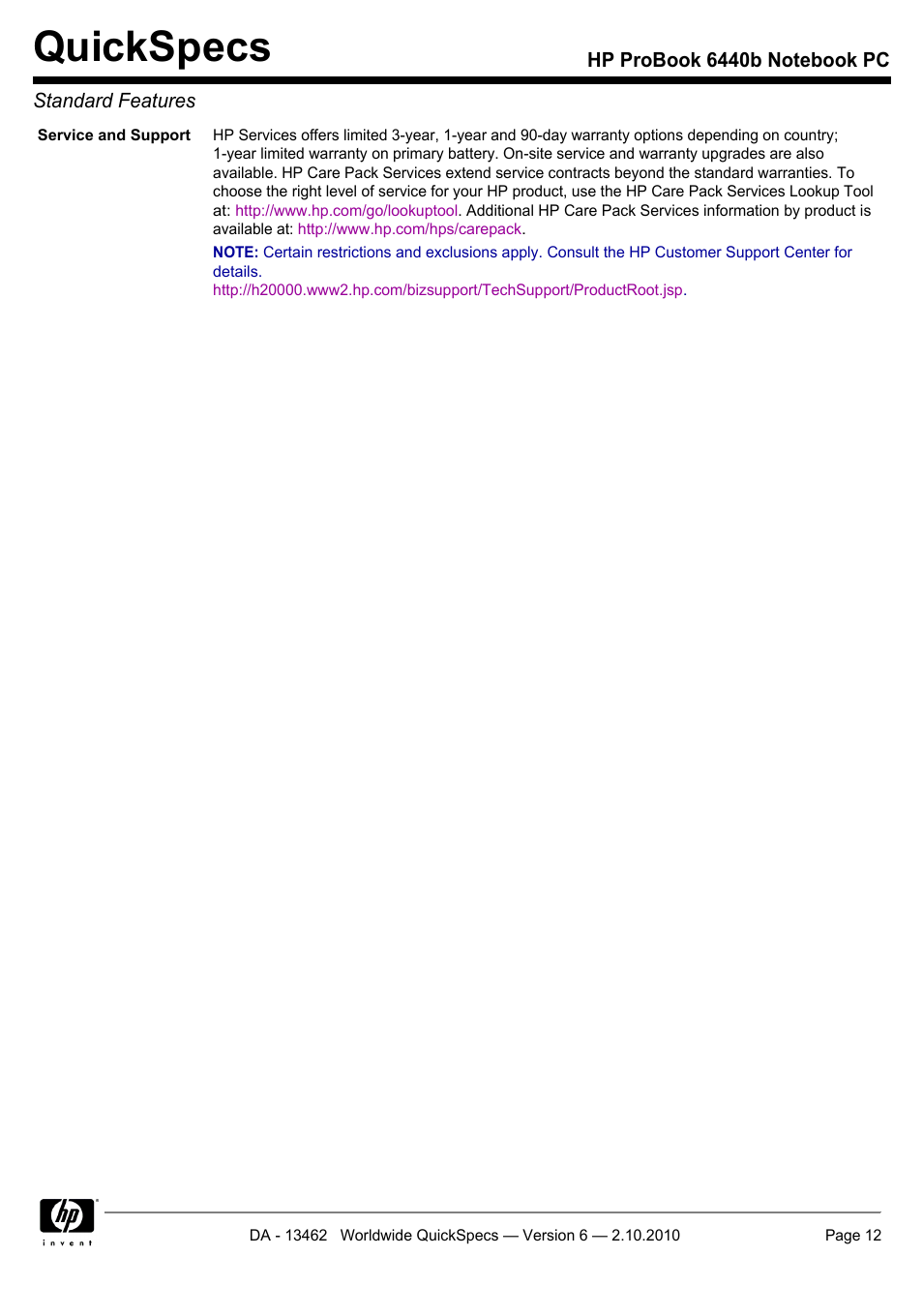 Quickspecs | HPP Enterprises 6440B User Manual | Page 12 / 40
