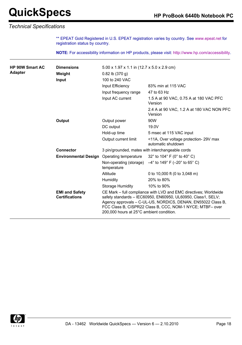 Quickspecs | HPP Enterprises 6440B User Manual | Page 18 / 40