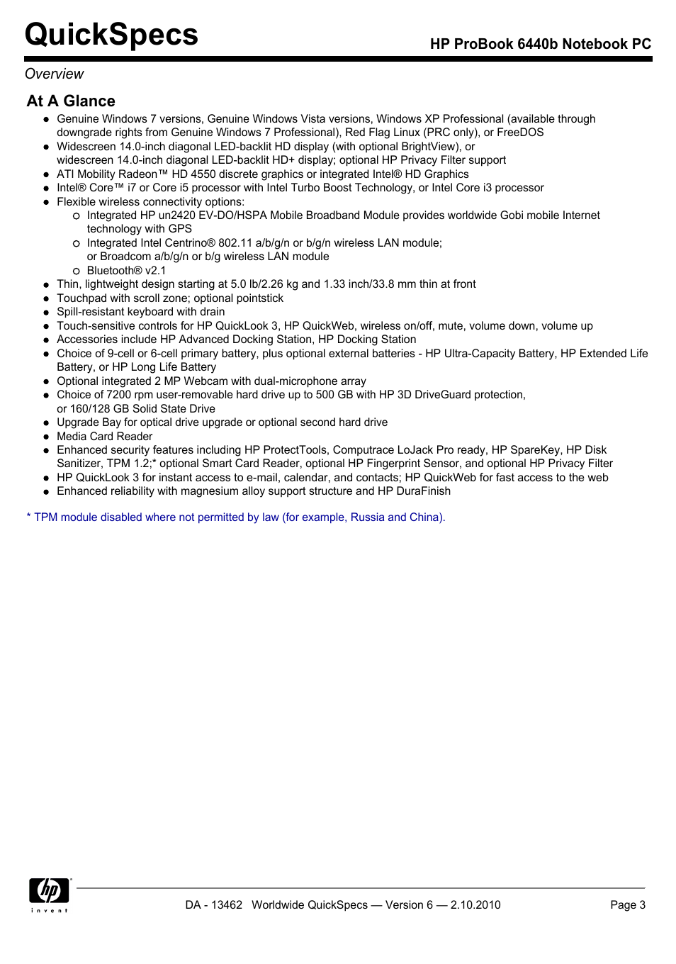 Quickspecs | HPP Enterprises 6440B User Manual | Page 3 / 40