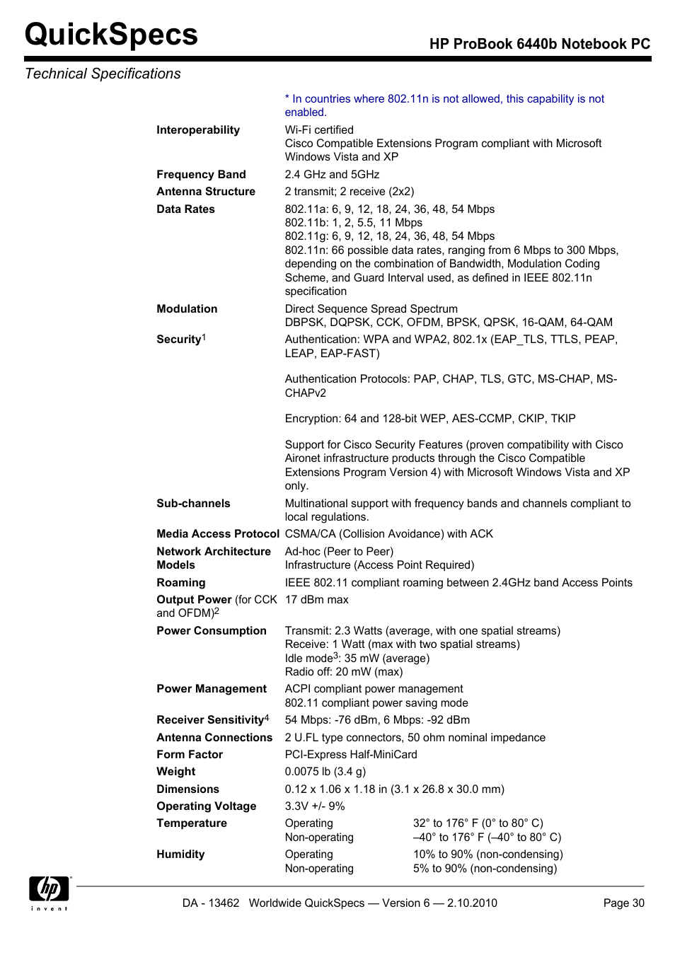 Quickspecs | HPP Enterprises 6440B User Manual | Page 30 / 40