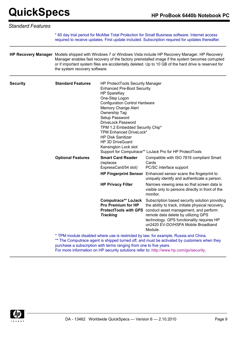 Quickspecs | HPP Enterprises 6440B User Manual | Page 9 / 40