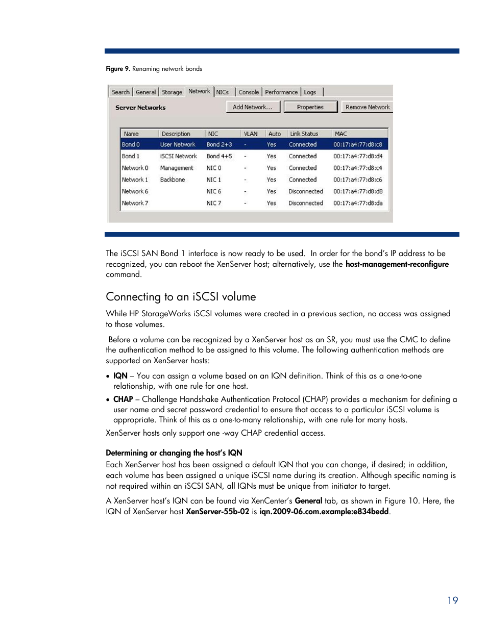 Connecting to an iscsi volume, Determining or changing the host’s iqn | HPP Enterprises P4000 SAN User Manual | Page 19 / 63