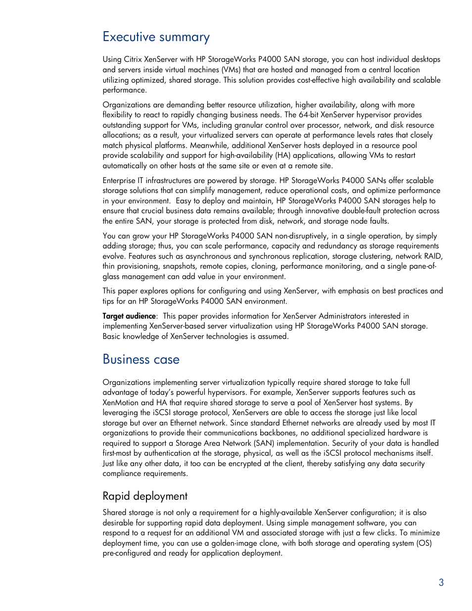 Executive summary, Business case | HPP Enterprises P4000 SAN User Manual | Page 3 / 63