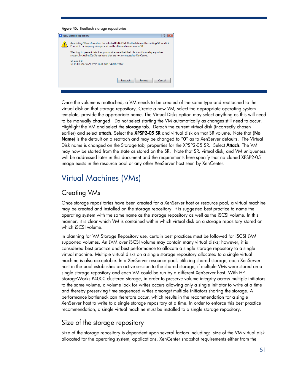 Virtual machines (vms), Creating vms, Size of the storage repository | HPP Enterprises P4000 SAN User Manual | Page 51 / 63