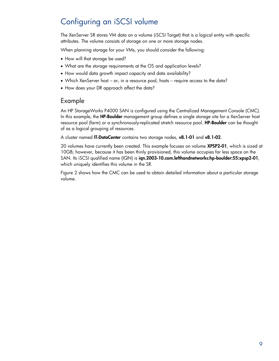 Configuring an iscsi volume, Example | HPP Enterprises P4000 SAN User Manual | Page 9 / 63