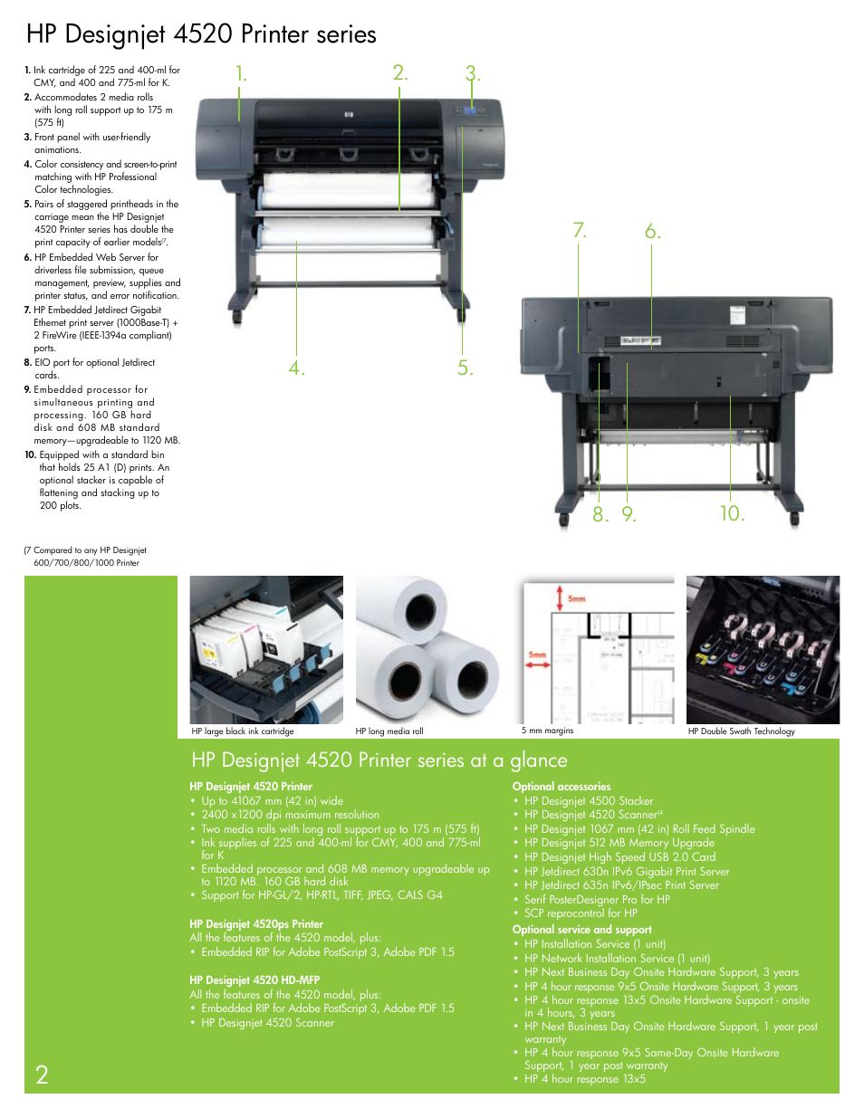 Hp designjet 4520 printer series, Hp designjet 4520 printer series at a glance | HPP Enterprises DESIGNJET 4520 User Manual | Page 2 / 4