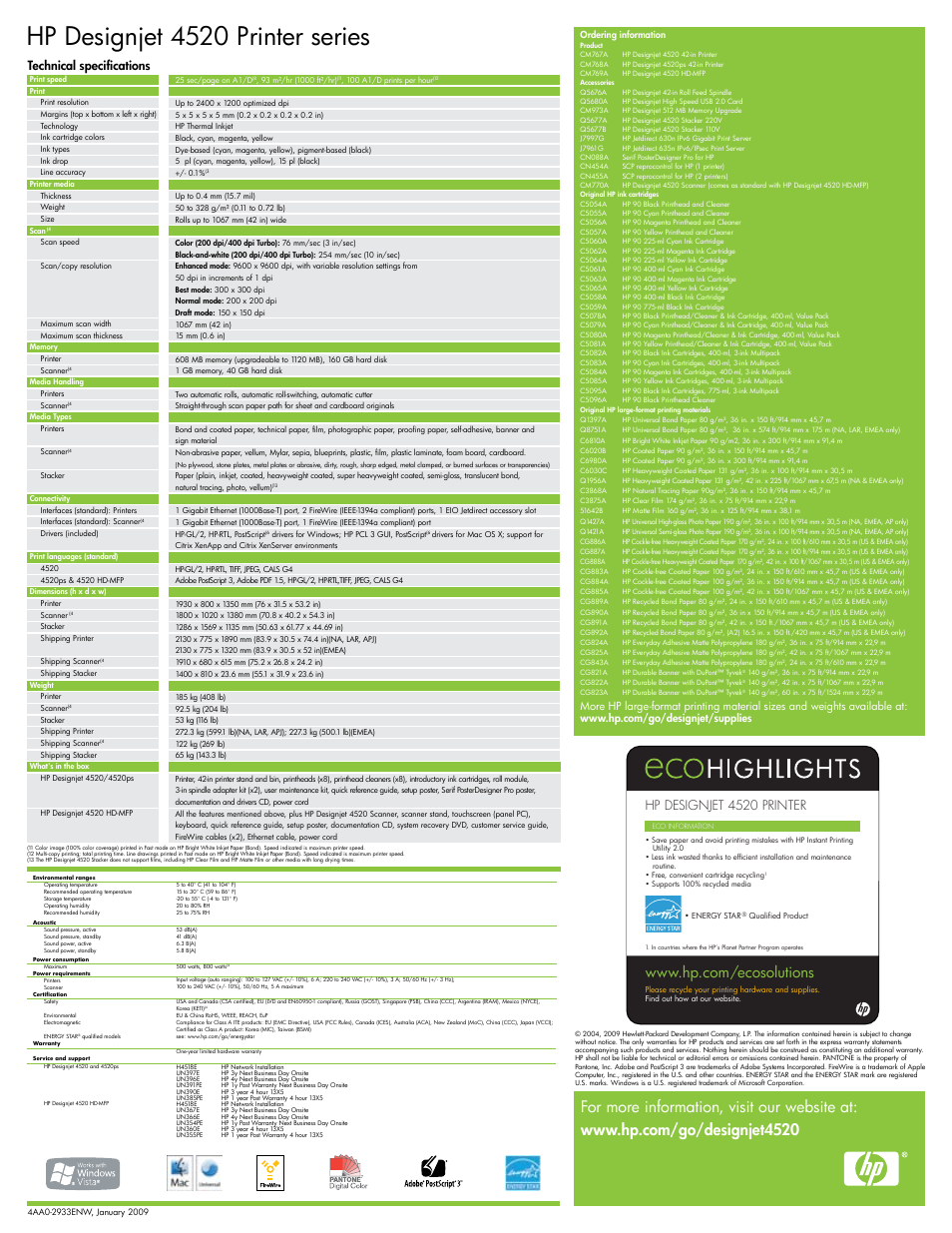 Hp designjet 4520 printer series, Hp designjet 4520 printer, Technical specifications | HPP Enterprises DESIGNJET 4520 User Manual | Page 4 / 4