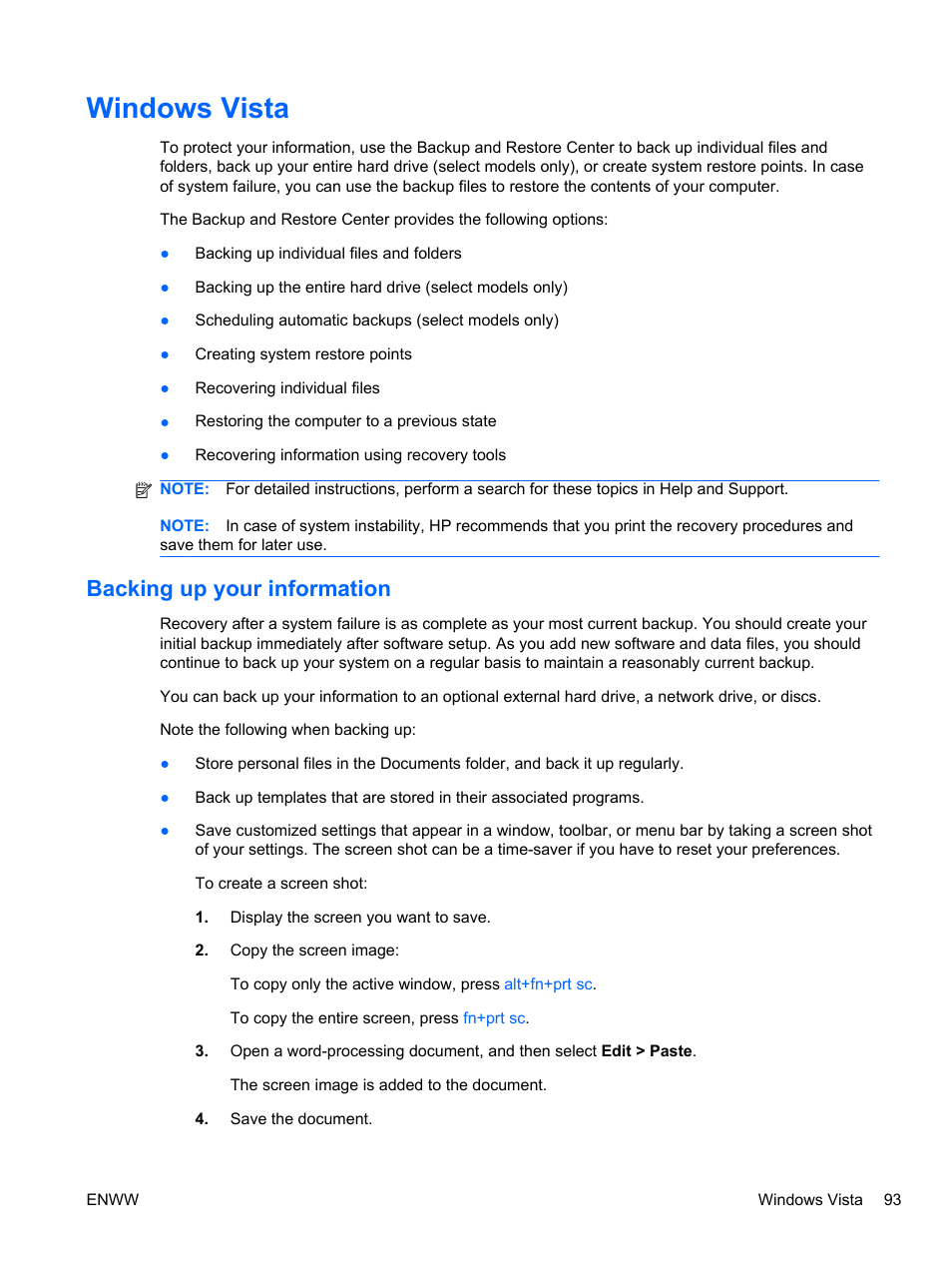 Windows vista, Backing up your information | HPP Enterprises 2740P User Manual | Page 101 / 117
