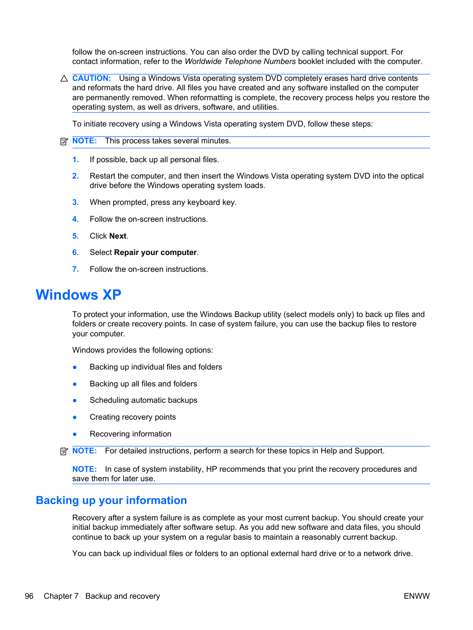 Windows xp, Backing up your information | HPP Enterprises 2740P User Manual | Page 104 / 117
