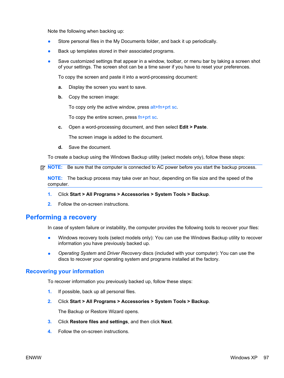 Performing a recovery, Recovering your information | HPP Enterprises 2740P User Manual | Page 105 / 117