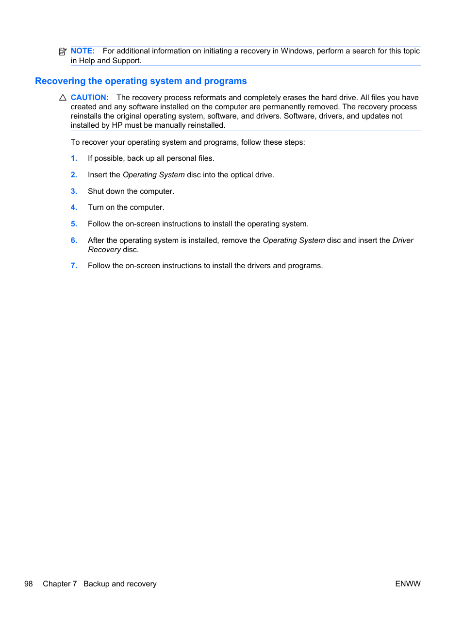 Recovering the operating system and programs | HPP Enterprises 2740P User Manual | Page 106 / 117
