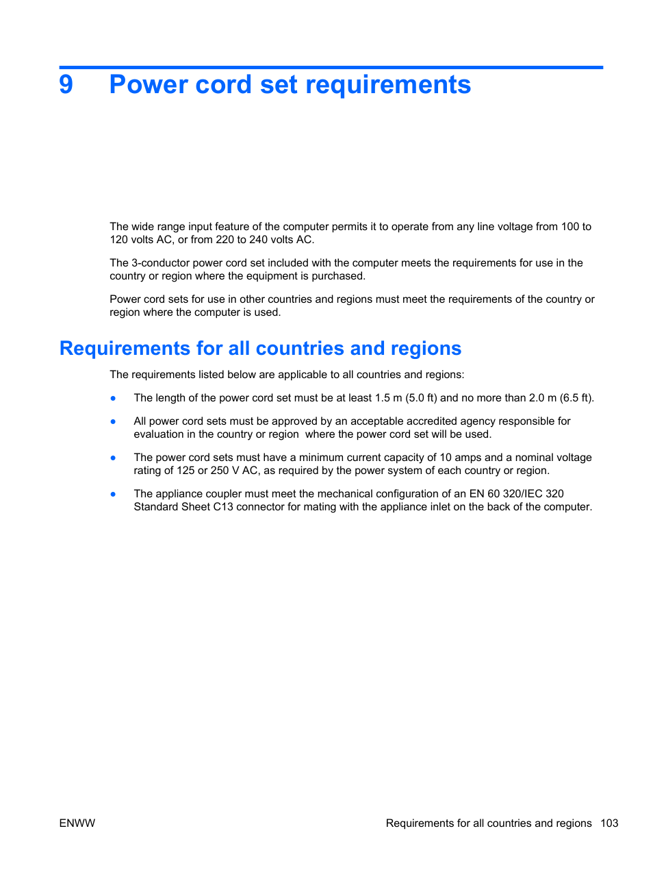 Power cord set requirements, Requirements for all countries and regions, 9 power cord set requirements | 9power cord set requirements | HPP Enterprises 2740P User Manual | Page 111 / 117