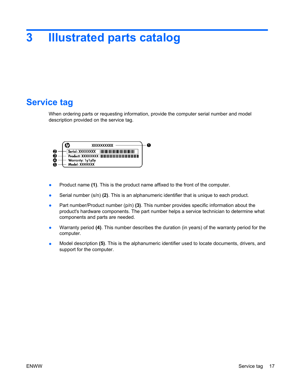Illustrated parts catalog, Service tag, 3 illustrated parts catalog | 3illustrated parts catalog | HPP Enterprises 2740P User Manual | Page 25 / 117