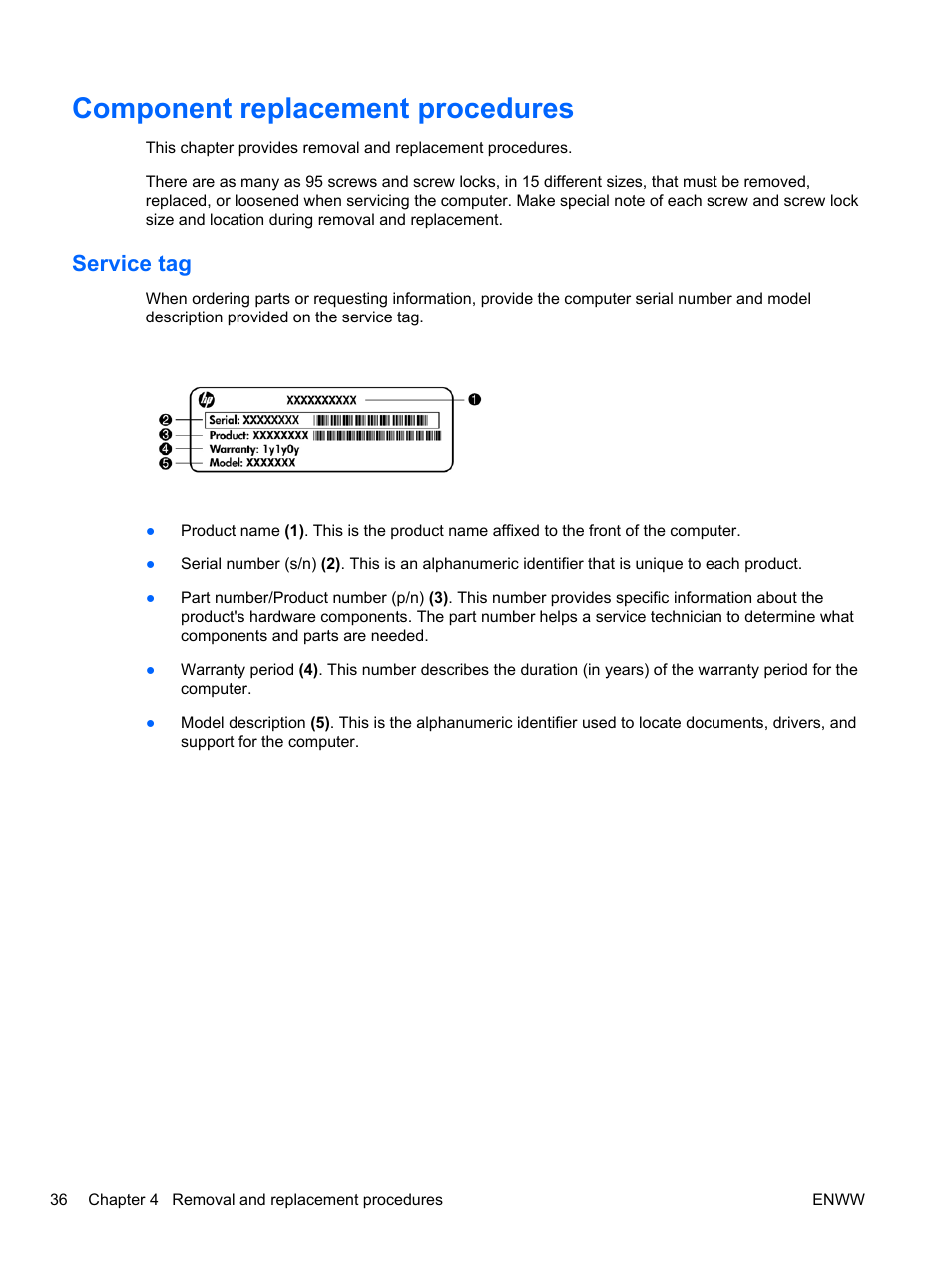 Component replacement procedures, Service tag | HPP Enterprises 2740P User Manual | Page 44 / 117