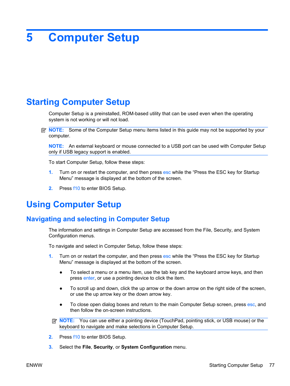 Computer setup, Starting computer setup, Using computer setup | Navigating and selecting in computer setup, 5 computer setup, Starting computer setup using computer setup, 5computer setup | HPP Enterprises 2740P User Manual | Page 85 / 117