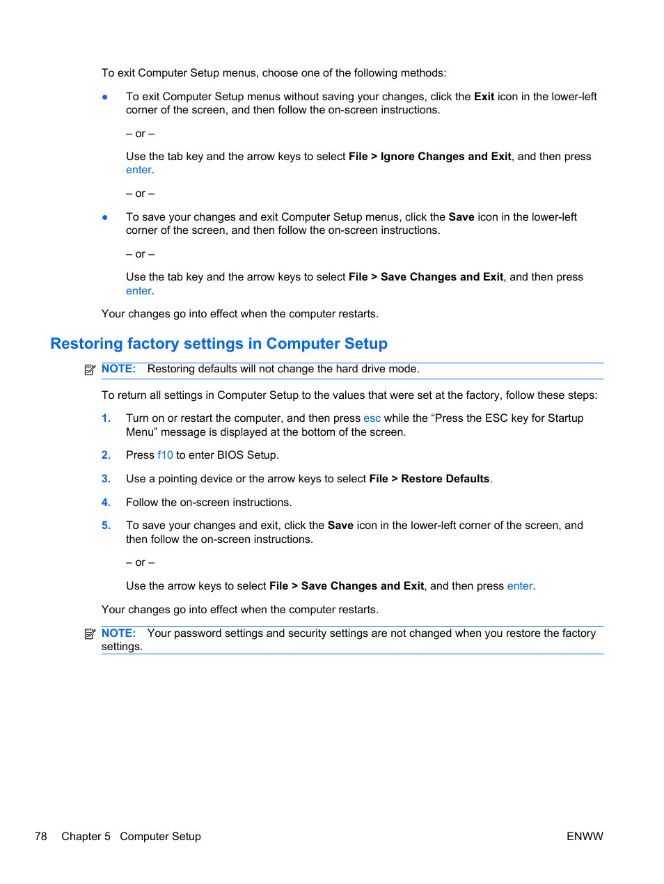 Restoring factory settings in computer setup | HPP Enterprises 2740P User Manual | Page 86 / 117