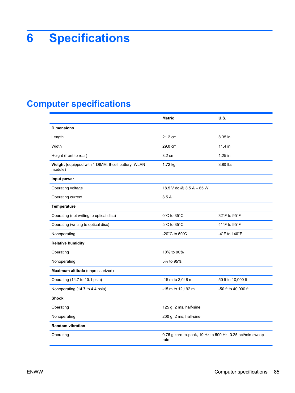 Specifications, Computer specifications, 6 specifications | 6specifications | HPP Enterprises 2740P User Manual | Page 93 / 117