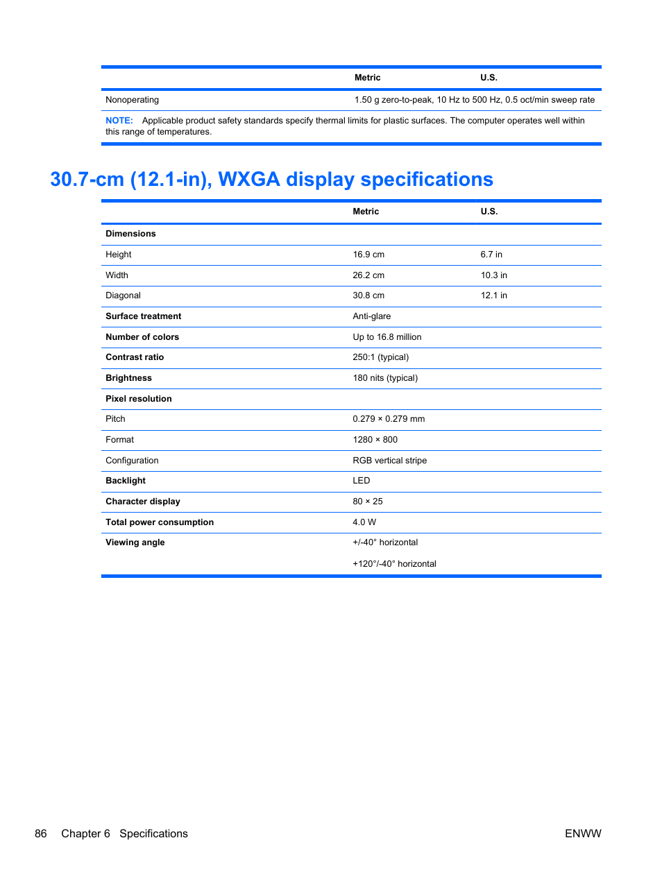 Cm (12.1-in), wxga display specifications | HPP Enterprises 2740P User Manual | Page 94 / 117