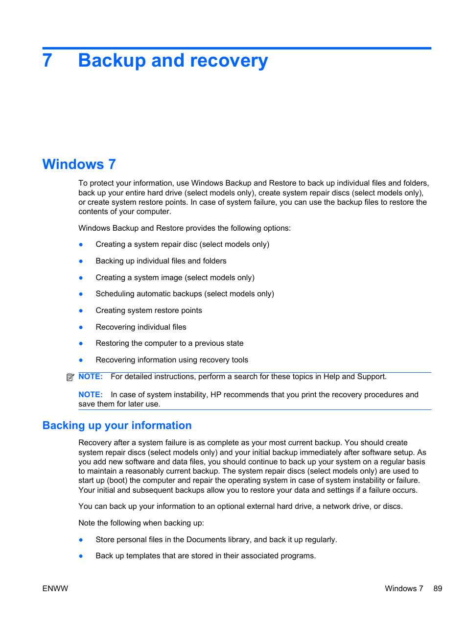 Backup and recovery, Windows 7, Backing up your information | 7 backup and recovery, 7backup and recovery | HPP Enterprises 2740P User Manual | Page 97 / 117