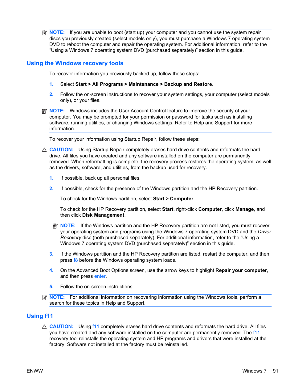 Using the windows recovery tools, Using f11, Using the windows recovery tools using f11 | HPP Enterprises 2740P User Manual | Page 99 / 117