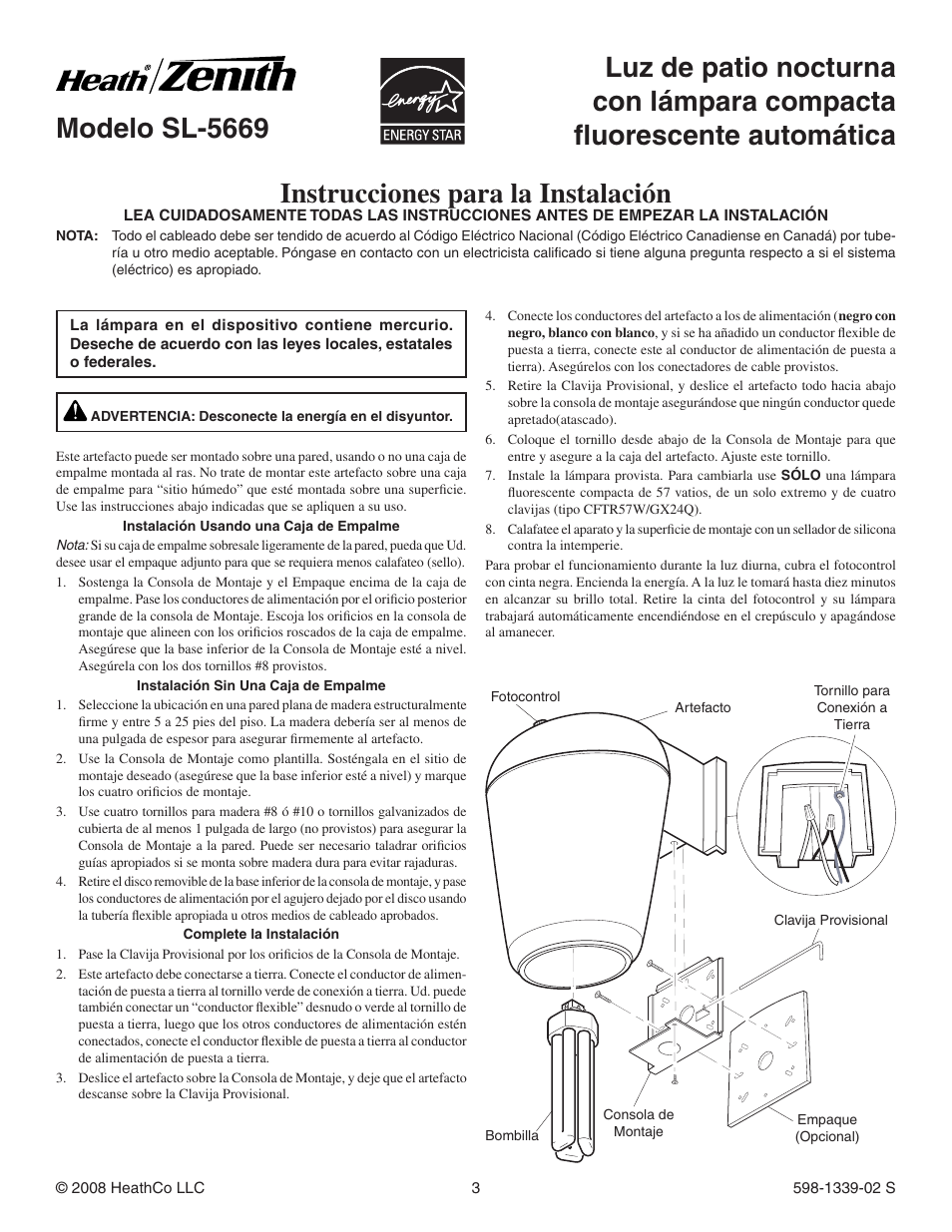 Instrucciones para la instalación, Modelo sl-5669 | Heath Zenith SL-5669 User Manual | Page 3 / 8
