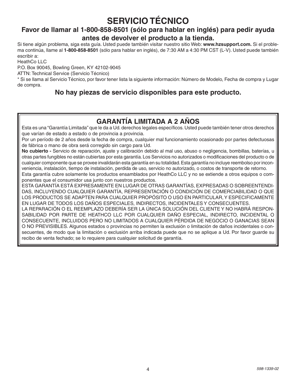 Servicio técnico | Heath Zenith SL-5669 User Manual | Page 4 / 8